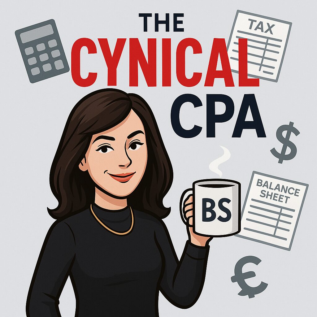 Illustration of a confident woman holding a coffee mug with "BS" and accounting symbols around.
