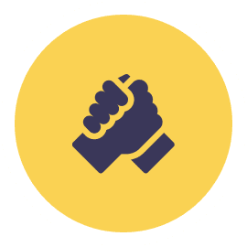 Clasped hands icon on yellow circle.