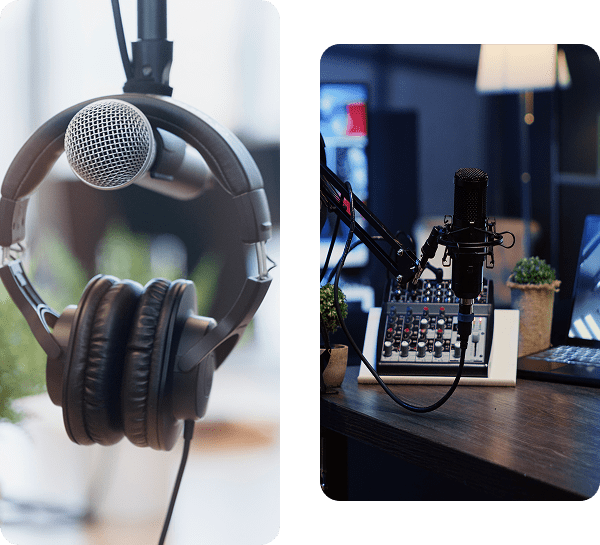 Professional microphone with headphones in a recording studio.