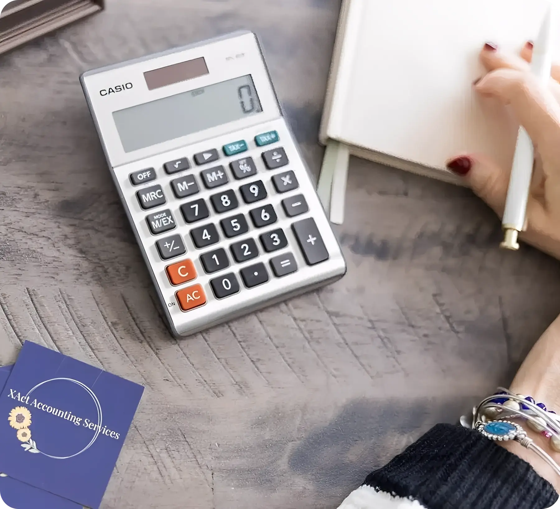Calculator and notebook on a desk.